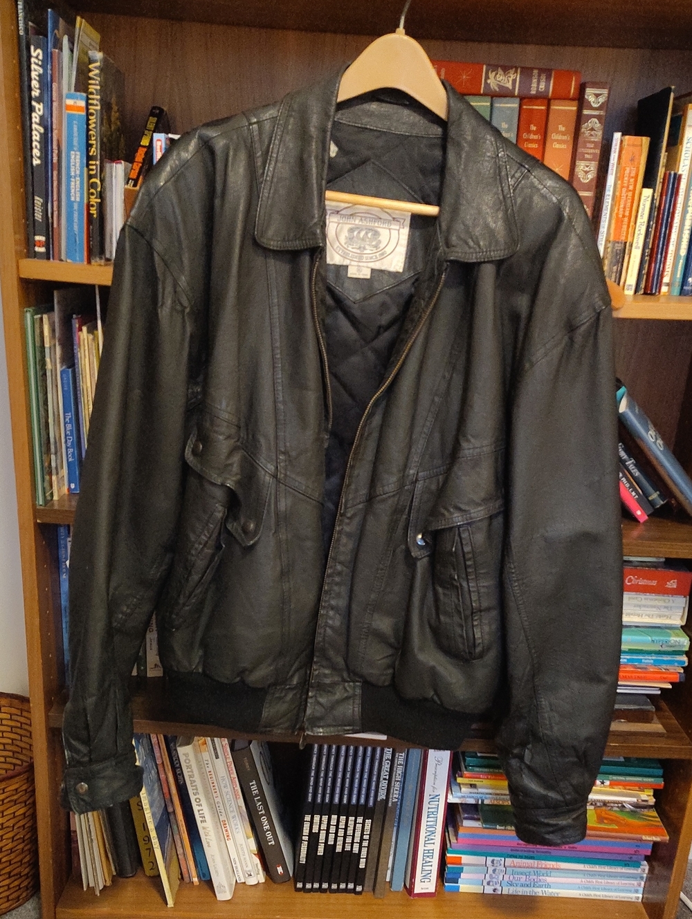 John Ashford Black Leather Bomber Jacket with Snap Pockets